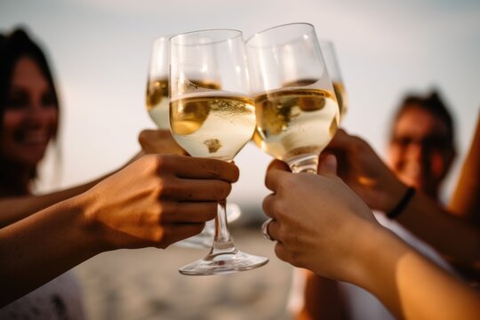 Delicate Precision: People Toasting White Wine at Beach Party