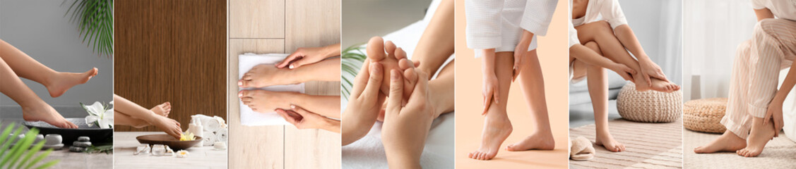 Collage of women undergoing feet massage in spa salon