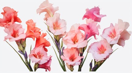 a delicate transparent background image with a bunch of vibrant gladiolus flowers, known for their tall spikes of blossoms
