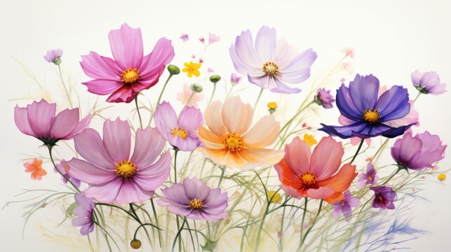 a delicate transparent background image with a cluster of vibrant cosmos flowers, known for their cheerful and daisy-like appearance