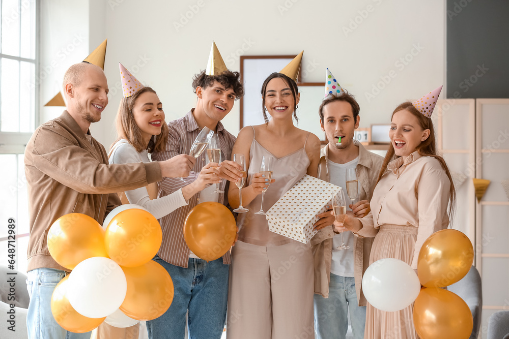 Sticker group of young friends with champagne celebrating birthday at home