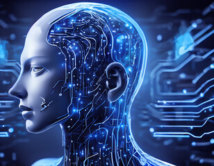 Artificial Intelligence robot side views head, AI technology smart robot, technology generates AI and AI learning background concept, Futuristic technology transformation with the chatbot 3D