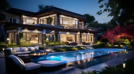 Fototapeta na wymiar Luxury dream home for retirement. House outdoors - millionaire resort with pool showcase.