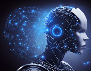 Artificial Intelligence robot side views head, AI technology smart robot, technology generates AI and AI learning background concept, Futuristic technology transformation with the chatbot 3D