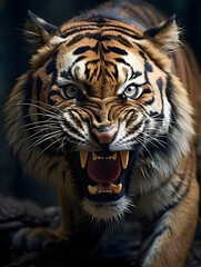 Tiger roaring close up with scary face