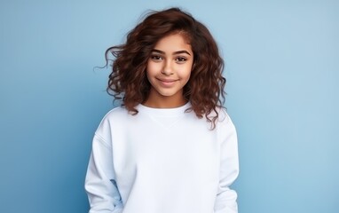 Obraz premium girl in a white jacket for clothing design. happy young girl posing. advertising things.