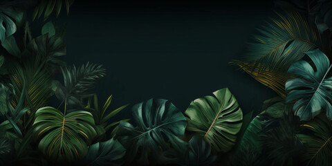 Fototapeta na wymiar Tropical background with monstera leaves on dark background.