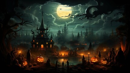 A spooky Halloween scene with pumpkins and a haunted castle - obrazy, fototapety, plakaty