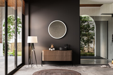 Modern bathroom interior with black walls, black sink with oval mirror, bathtub, grey concrete floor. Minimalist bathroom with modern furniture