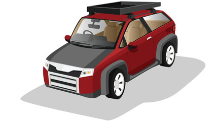 Object of traveler car red color. Can view interior. Inside with steering wheel and console with seat. Separate layer bonnet. On roof with rack. Isolated white background with shadow.