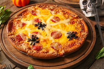 Board with tasty pizza for Halloween celebration on wooden background