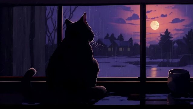 cat sitting window sill looking window snow covered ground full moon style animation. Created using Generative AI Technology