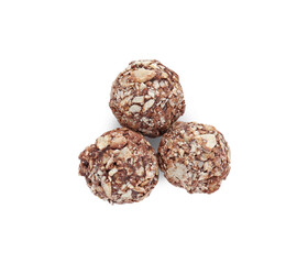 Tasty sweet chocolate candies isolated on white, top view
