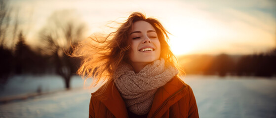 Backlit Portrait of calm happy smiling free woman with closed eyes enjoys a beautiful moment life on the fields in winter time snowing at sunset