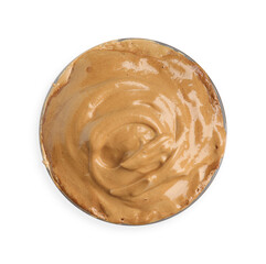 Glass of delicious dalgona coffee isolated on white, top view