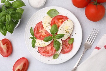 Plate of delicious Caprese salad with herbs and ingredients on light grey table, flat lay