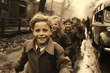 Fototapeta premium Students getting off a bus on the way to school