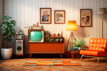 Colourful concept living room design in the style of the 70s front view of retro living room with vintage orange armchair with TV and radiogram retro interior room design with abstract wall art - obrazy, fototapety, plakaty