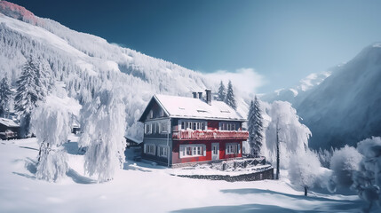 A beautiful red house nestled in the snowy mountains, AI generated.