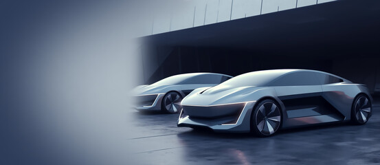 Futuristic stylish sportier cars in front of the building with copy space, Generative AI image