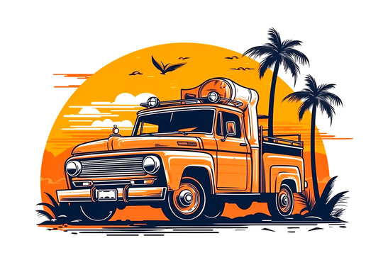 Illustration of vintage orange pick up truck. Generative AI image.