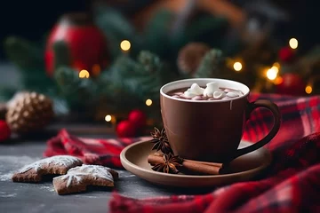 Tuinposter Festive hot cocoa drink with marshmellows © Kenishirotie