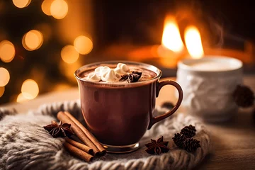 Fototapeten Festive hot cocoa drink with marshmellows © Kenishirotie