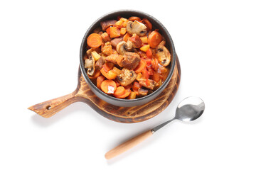 Bowl of tasty beef stew on white background