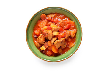 Bowl of tasty beef stew on white background