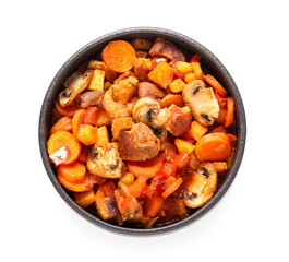 Bowl of tasty beef stew on white background