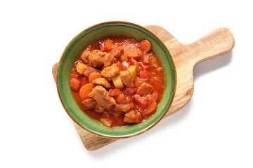 Bowl of tasty beef stew on white background