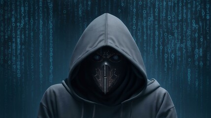 バイナリ背景にマスクとパーカーを着たコンピューターハッカー。 隠された顔。 インターネット詐欺、サイバーセキュリティ｜Computer hacker wearing mask and hoodie on binary background. hidden face. Internet fraud, cyber security. Generative AI