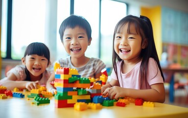 Cute children playing with blockss. entertainment and fun for children. educational toys.