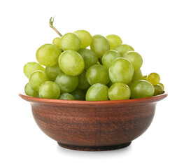 Bowl with sweet green grapes on white background