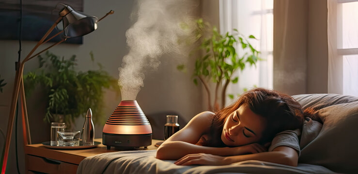 Woman sleeping with an aromatherapy diffuser on the bedside table.