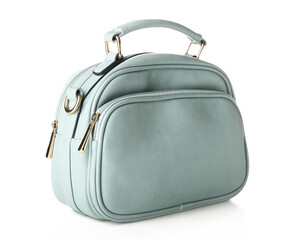 Stylish blue handbag on white background