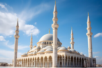Fototapeta na wymiar beautiful mosque with grand architecture. It features multiple domes and tall, slender minarets. The architecture is predominantly white, giving it a pure and serene appearance