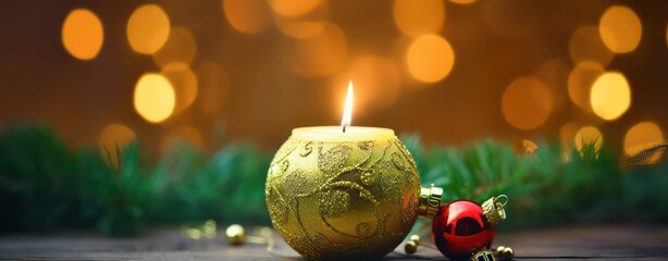 Christmas burning green candle, ball and christmas decorations on wooden background, Christmas day horizontal greeting and invatation banner with copy space for advertisement and other usage