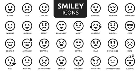Smiley icon line set. Emoji icon collection containing happy emotion, sad, smiling, surprised, angry, relaxed, confused, laughing, excited and shocked emoticon icons. Vector outline illustration. - obrazy, fototapety, plakaty