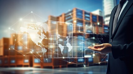 Businessman and global logistics network distribution and transportation, Smart logistics, Innovation future of transportation on large warehouse center
