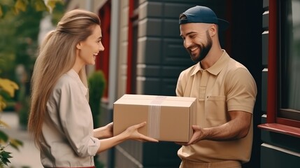 Happy smiling woman receives boxes parcel from courier in front house. Delivery man send deliver express. online shopping, paper containers, takeaway, postman, delivery service, packages