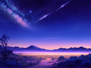 Cold anime scene of a desert at night, with starry sky and comets