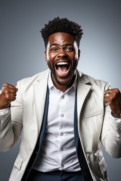 A happy black man with winning expression and posture. Generative AI.