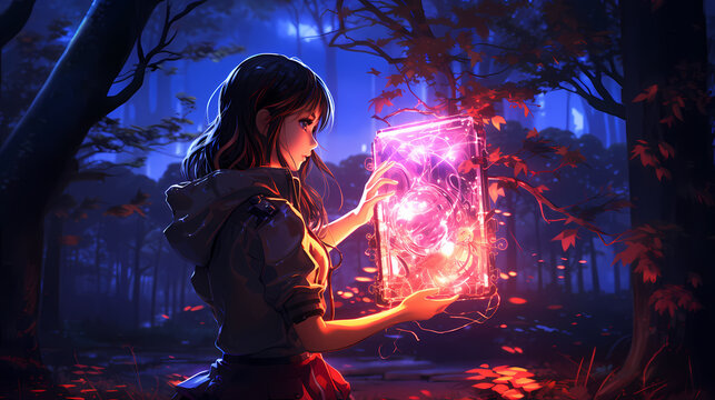 Anime cene sci-fi, girl making technology in a forest, synthwave, vaporwave, neon color illustration