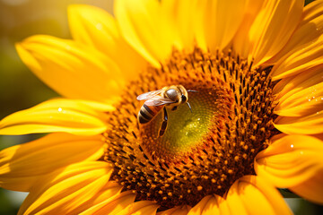 bright yellow sunflower flower close-up in a field on a summer day with bee