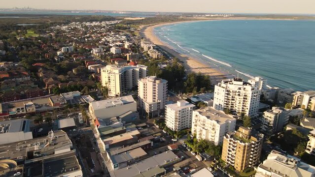Aerial drone view above Cronulla in the Sutherland Shire, South Sydney, NSW Australia looking toward Cronulla Beach on a sunny afternoon in September 2023  