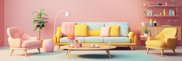 a living room with bright colors and furniture in a modern style, in the style of light pink and light amber