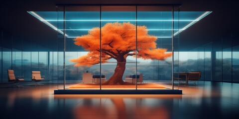 Autumn tree in office space. AI Generation 