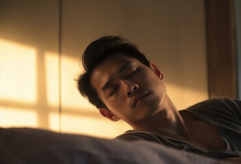 Asian Man Restless In Bed In Dark Backdrop Generative AI