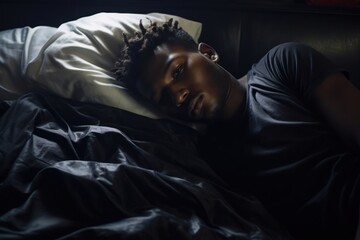 Black Male Restless In Bed In Dark Backdrop Generative AI